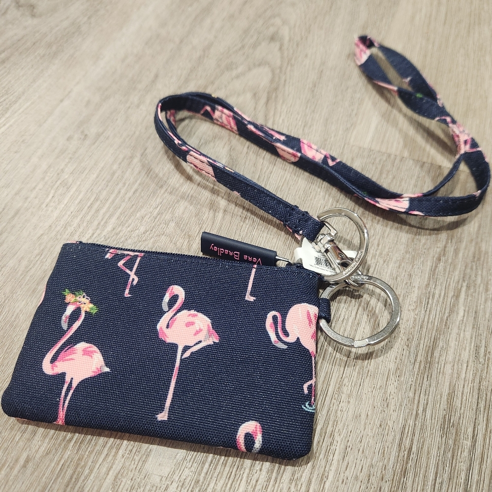 Vera Bradley Flamingo Print Zip ID Holder with Lanyard - Picture 2 of 6